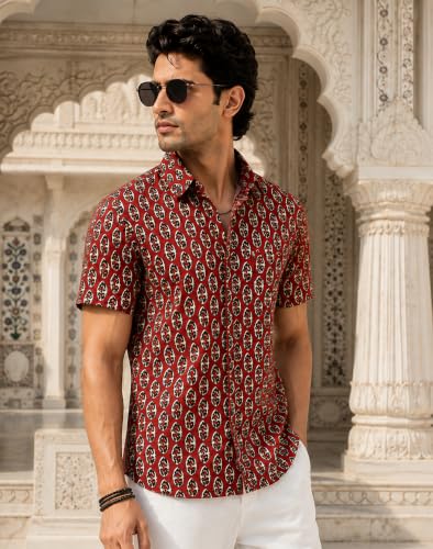 Majestic Man Men's Printed Pure Cotton Casual Shirt | Half Sleeve | Slim Fit | Collared Neck | Sanganeri/Jaipuri/Prints (in, Alpha, 2XL, Plus, Bright Rust)