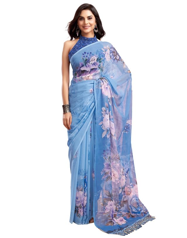 SIRIL Women's Georgette Floral Printed Saree With Unstitched Blouse Piece (3505S115A_Blue)