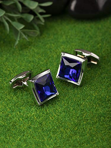Peora Silver Plated Blue Crystal Cufflinks for Men Boys Wedding Business Gift