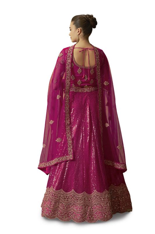 Soch Womens Fuchsia Net All-Over Sequins Embroidered Unstitched Lehenga Set