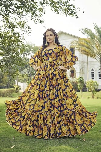 Samprag Georgette Gown for Women | Full Length | Printed | Fit & Flare | Flared & Bell Sleeves | Round Neck | Ethenic Dress | Ideal for Casual, Wedding & Party Occassions | Yellow | M