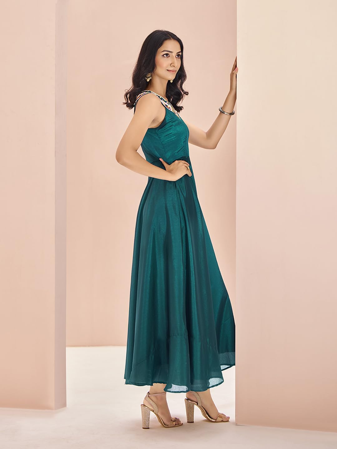 FUSIONIC Teal Silk Handworked Gown Dress