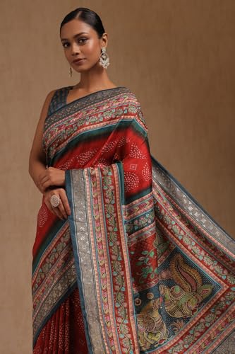 Soch Womens Red Dola Silk Kalamkari Saree With Stud Work