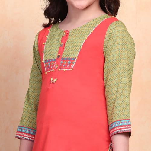 Biba Girls Org-Grn Straight Cotton Solid Kurta suit set