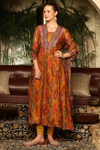 W for Woman Mustard Yellow Ikkat Printed Embellished Organza Anarkali Kurta, Churidar and Dupatta Set (Size: S)-24AUWS11507-124574