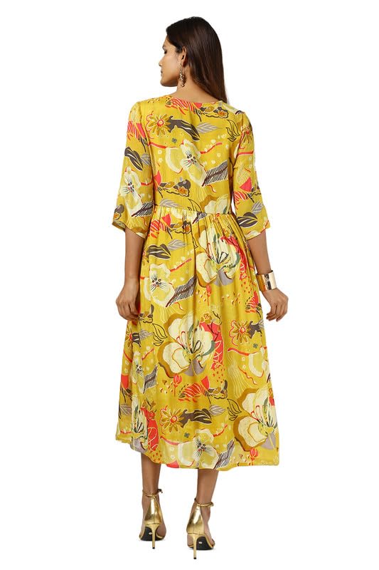 Soch Womens Mustard Chinon Floral Print Dress with Sequins