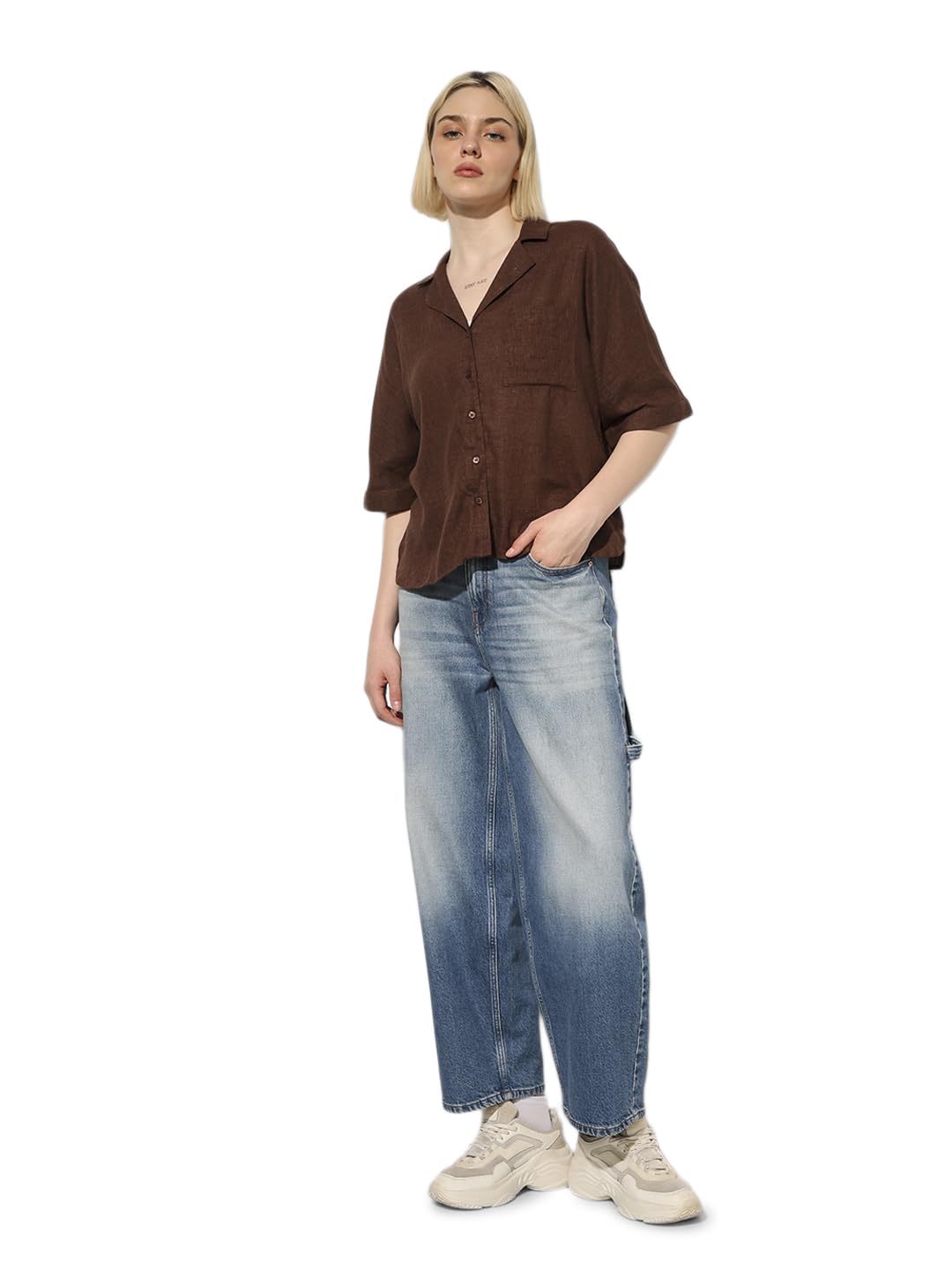 ONLY Spread Collar Extended Sleeves Pocket Oversized Shirt