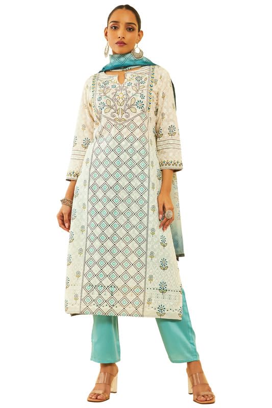 Soch Womens Cream Cotton Blend Print With Embroidered Suit Set With Schiffli