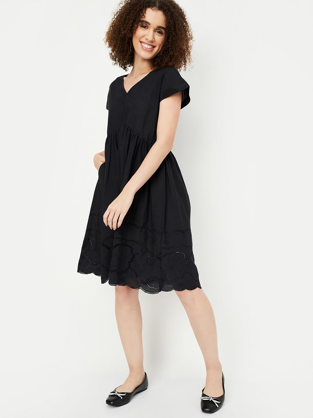 Max Women's Cotton Modern Midi Dress (MG48018_Black