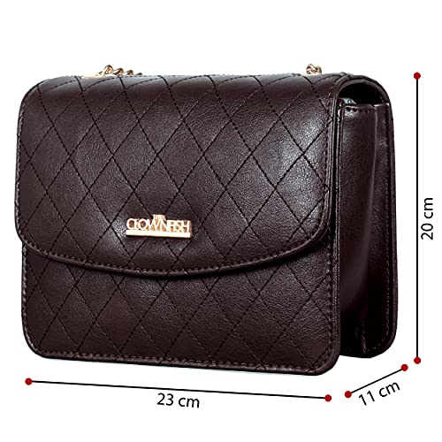 THE CLOWNFISH Elora Crossbody Sling bag for Women Office Bag Purse with Chain Strap for Ladies College Girls (Dark Brown)