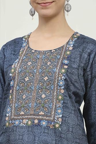 Biba Women Navy Blue Silk Tussar Hand Embroidered Unstitched Suit Set_FREE SIZE