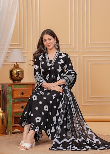 Manojava Women's Kurta with Palazzo and Dupatta Set, Traditional Indian Ethnic Wear, 3 Piece (IN, Alpha, XL, Regular, 3, BLACK)