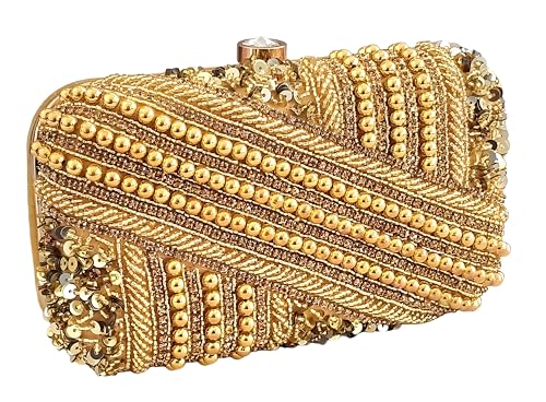 DUCHESS Golden Pearl Embellished Clutch for Women | Sequin & Beaded Party Purse | Elegant Wedding Handbag for Girls | Stylish Bridal Accessory | Designer Evening Bag for Festive Occasions