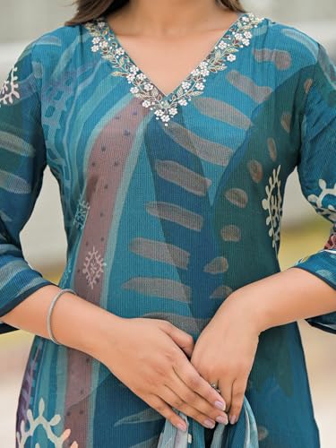 Divena Blue Pure Crepe Sigital Print Kurta Pant Set with Dupatta-DK2176