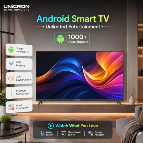UNICRON 24 Inch Android Smart TV, HD+ LED Television with Bazeless Frame, 30 Watt Sound Speaker, WiFi Enabled & IPS A+ Display Panel HDR Support