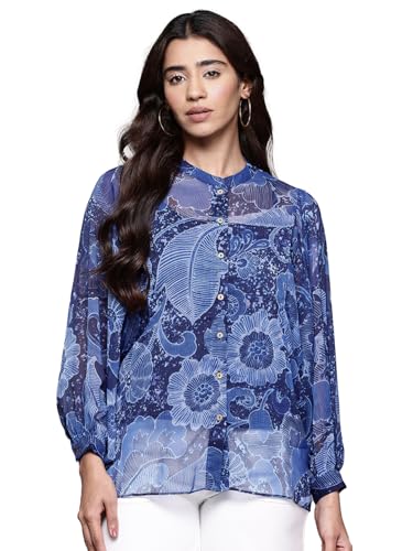 Aarke Ritu Kumar Blue Pearl Petal Full Sleeve Shirt with Camisole