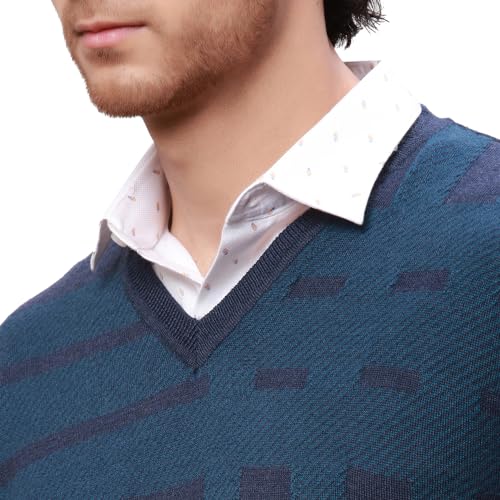 Park Avenue Men's Regular Fit Acrylic Wool Blend Full Sleeve V Neck Checks Pattern Dark Blue Casual Sweater (Size: XS)-PCWA00267-B8
