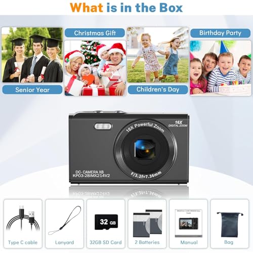 CAMKORY Digital Camera, FHD Kids Cameras for Photography, 4K 44MP Compact Point and Shoot Camera for Kids, Teens and Beginners with 32GB SD Card, 2 Rechargeable Batteries, Gray