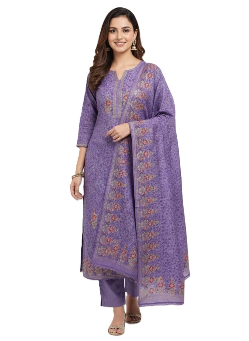 KTI Women Woolen Unstitched Fabric Lavender Suit Set For Women Winterwear