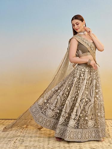 Zeel Clothing Women's Cotton Thread Sequins Work Embroidery Soft Net Lehenga Choli With Dupatta (NFH-2144-Ivory-Women-Lehenga-Choli-New; Free size) (Ivory)