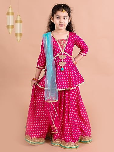 Pspeaches Girls Magenta Blue Printed Ready To Wear Lehenga Blouse With Dupatta (Pink-5-6Y)