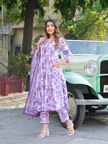 Divena Purple Floral Printed Anarkali Pure Cotton Kurta with Trousers & Dupatta