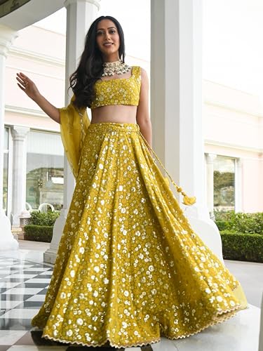 Zeel Clothing Women's Georgette Semi-Stitched Sequins Thread Embroidered Lehenga Choli With Dupatta (7084-Mehndi--Lehenga-Choli-Latest,Free size)