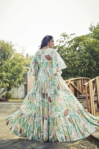 Samprag Rayon Gown for Women | Full Length | Printed | Fit & Flare | Flared & Bell Sleeves | Round Neck | Ethenic Dress | Ideal for Casual, Wedding & Party Occassions | Off-White & Pink | XL
