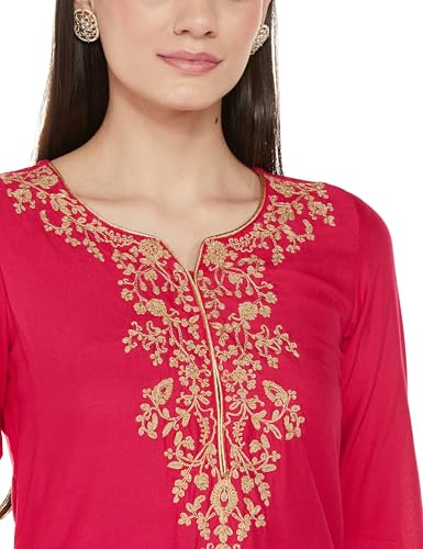 BIBA WOMEN SOLID; EMBROIDRED STRAIGHT SALWAR KURTA DUPATTA(SKDASSORTED8817E_FUCHSIA_34)