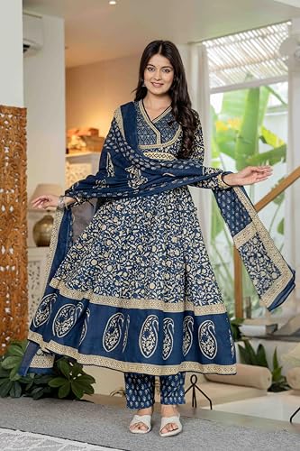 Pistaa's Women's Pure Cotton Anarkali Floral Printed Hand Work Kurta with Pant & Dupatta Set (Royal Midnight Blue, Large)