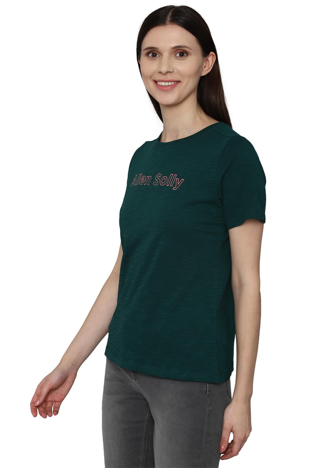 Allen Solly Women's Solid Regular Fit T-Shirts (AHKCCRGFB01581_Green S)