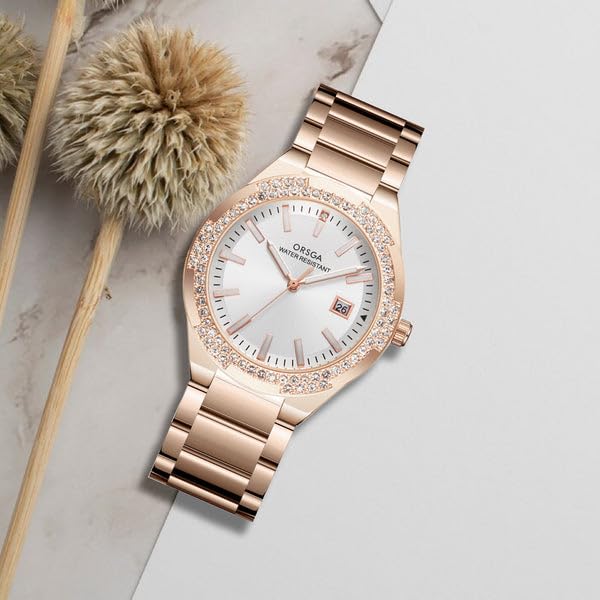 ORSGA Virtue Watches for Women Elegant Analogue Ladies Watches White Dial and Golden Stainless Steel Strap Diamond Wrist Watch Luminous Waterproof Minimalist Quartz Female Watches, Womens Gifts