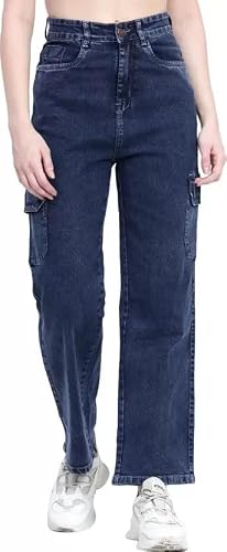 Masrat Collection Womens Denim Cargo Style Wide Leg Jeans |Blue, Size 32