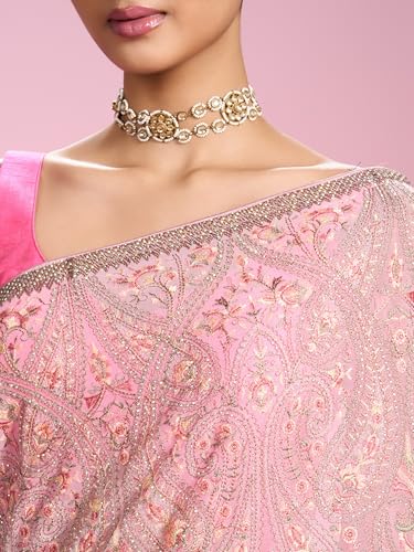 MOHEY Women's Organza Stone Work, Thread Work Saree with Blouse Piece(Pink)