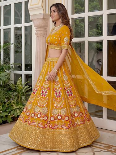 Zeel Clothing Women's Sequins Thread Embroidered Georgette Lehenga Choli With Dupatta (6008-Yellow-Women-New-Lehenga-Choli; Free Size) (Yellow)