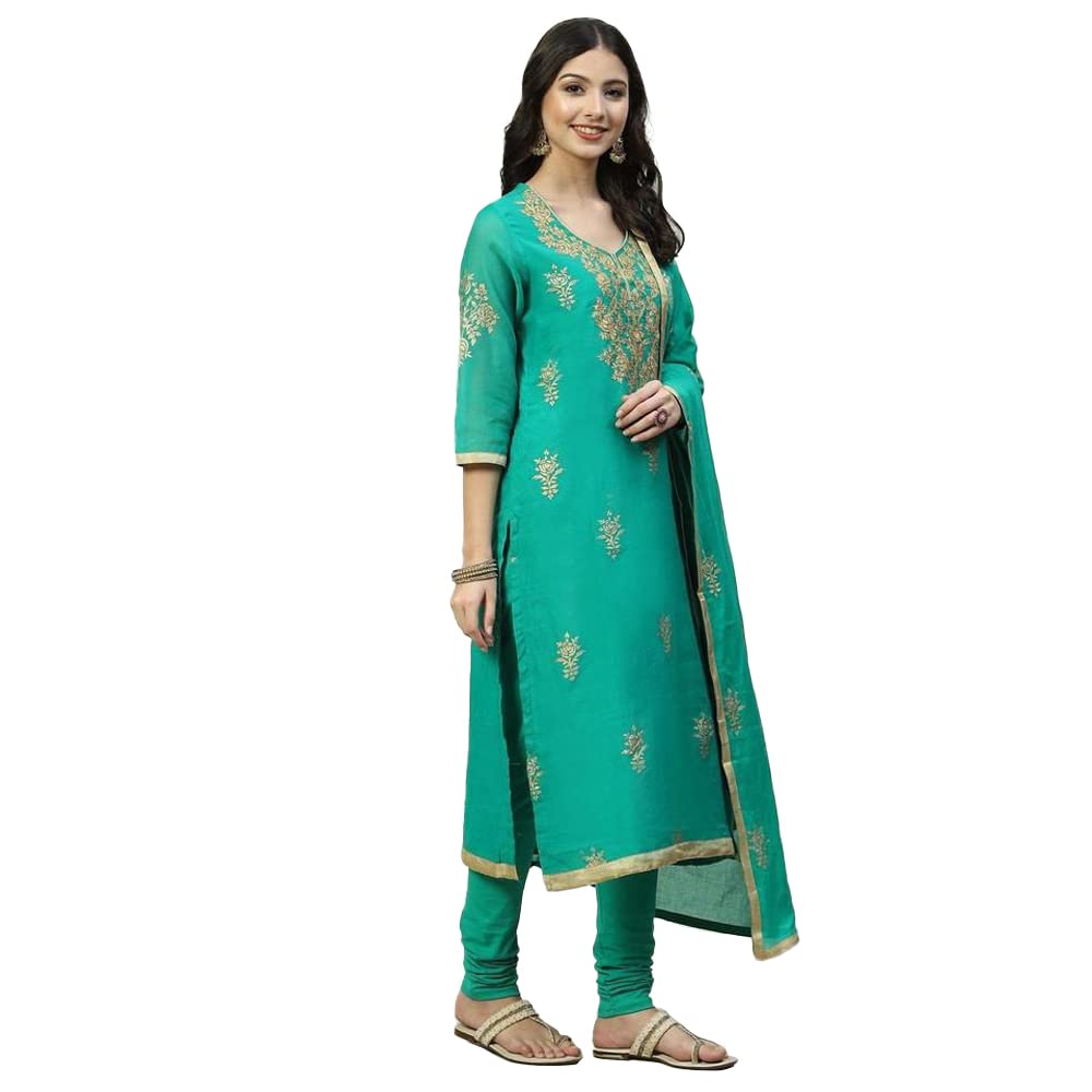 BIBA Cotton Women Printed Fitted Salwar Kurta Dupatta(Skdassorted7716_Green_38)