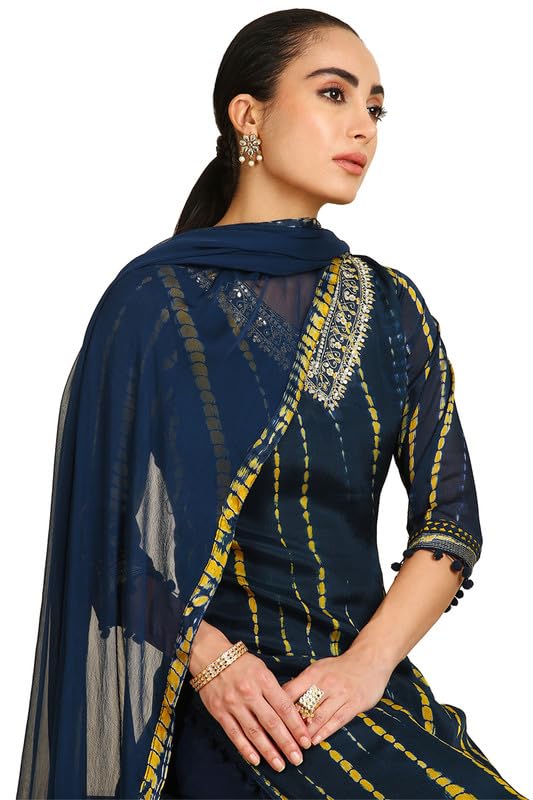 Soch Womens Blue Abstract Print Chinon Suit Set with Faux Mirrors & Sequins