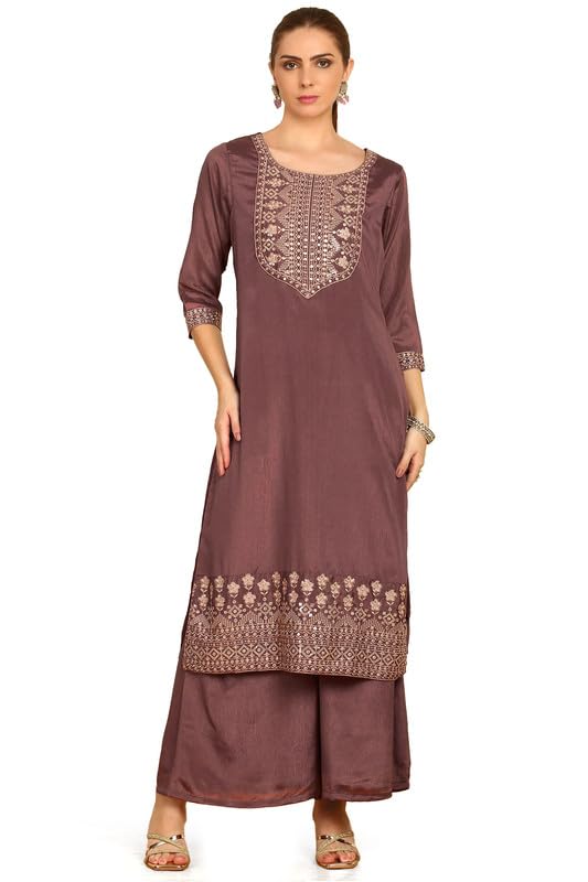 Soch Womens Mauve Yoke Embroidered Chinon Suit Set With Sequins