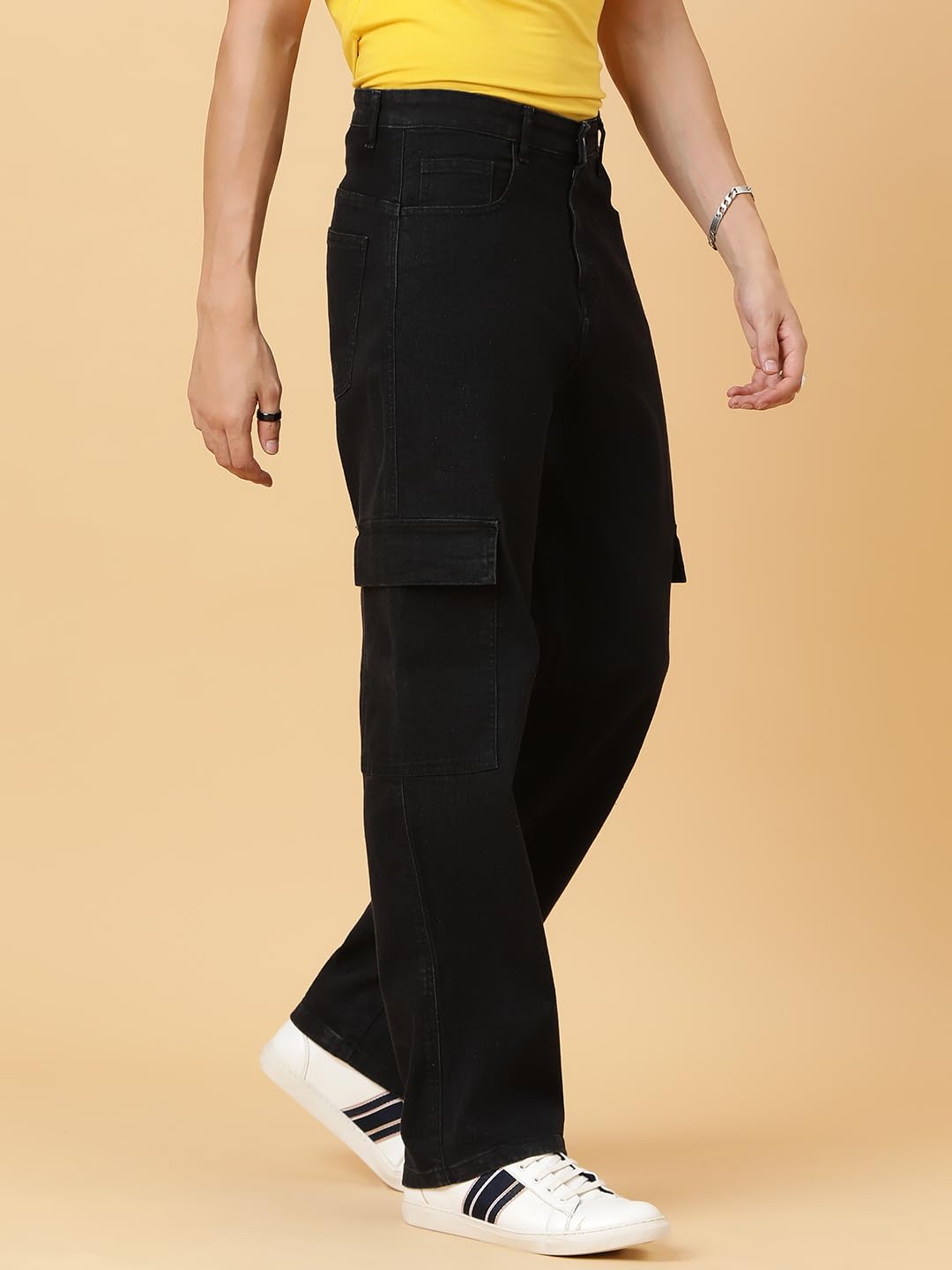 KOTTY Men's Solid Mid Rise Straight Fit Stylish Looking Cargo Jeans(Black,32)