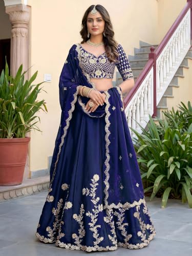 Zeel Clothing Women's Thread and Sequins Embroidered Work Silk Lehenga Choli With Dupatta (5135-Blue-Women-Lehenga-Choli-Latest; Free size) (Blue)