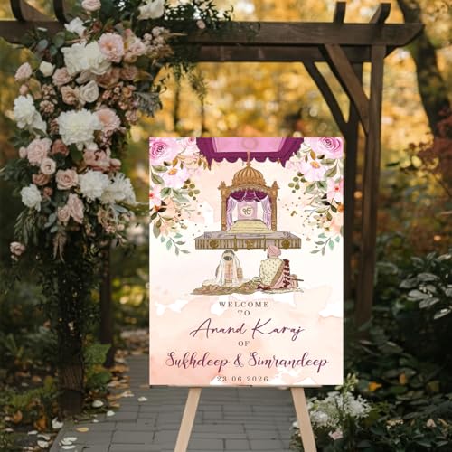 Party Perfect Designs Personalized Anand Karaj Welcome Board for Sikh Wedding Ceremony, Custom Name and Date Sign, 3mm/5mm Thickness, Premium Print, Multi Design Options (Blush Peach Pink)