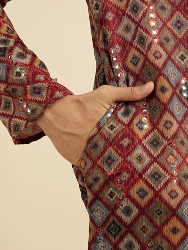 Manyavar Men's Viscose Blend Printed | Mirror Work Kurta Pyjama Set (Maroon,XL)