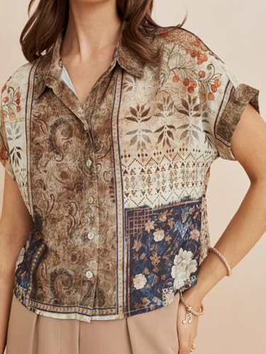 Latin Quarters Women's Beige Collar Neck Short Sleeves Printed Casual Shirt_L