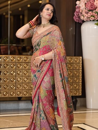 Kryone Collection Printed Chinon Silk Saree with Zari Woven Mirror Work and Unstitched Blouse Piece for Women Traditional Party Ethnic Wear Saree
