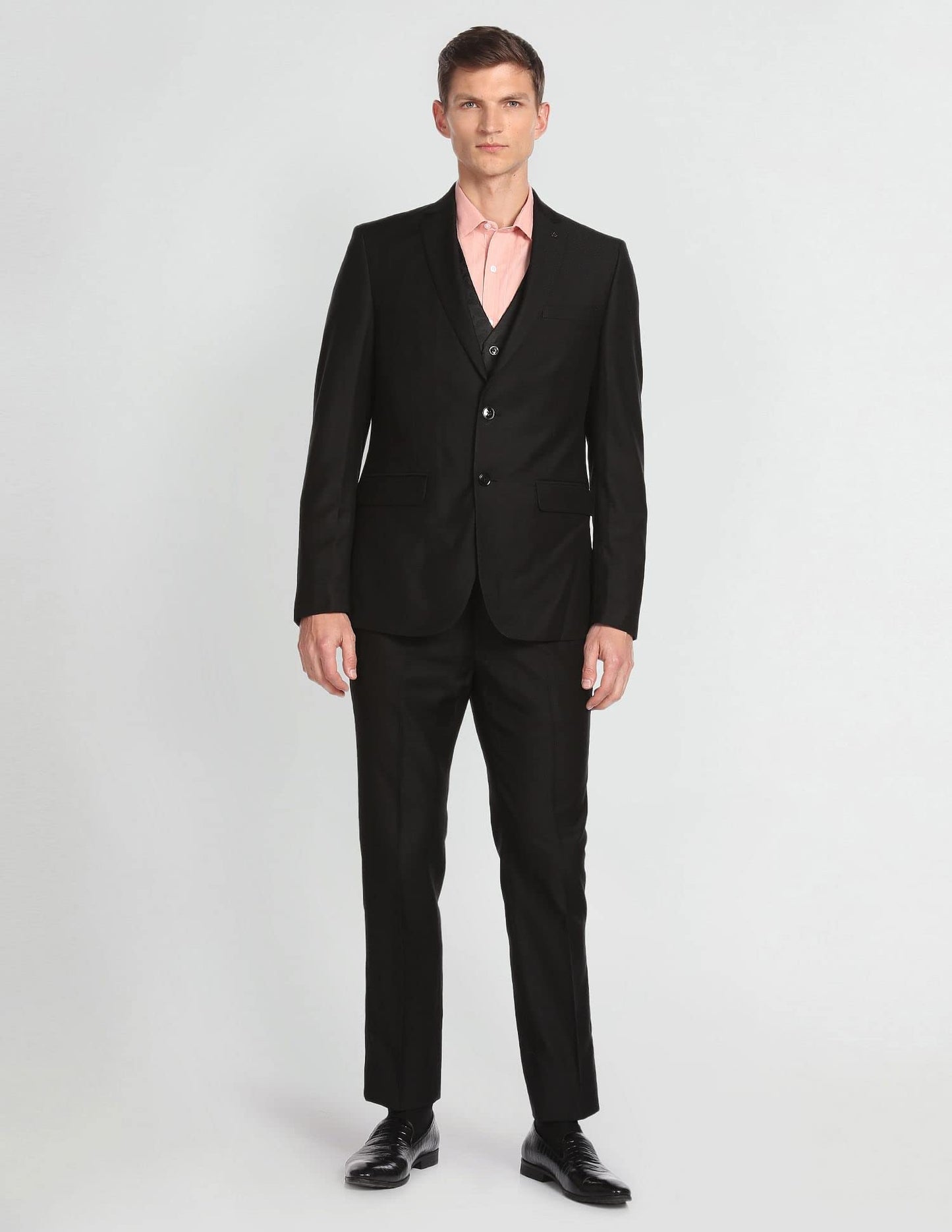 Arrow Men's Rayon Notch Lapel Collar Patterned Dobby Three Piece Suit (ARAFSU5515_Black