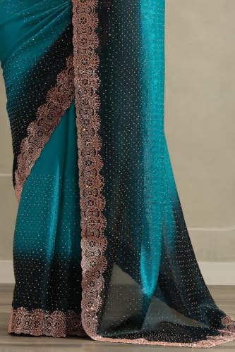 Soch Womens Blue Fendy Organza Ombre Stone Embellished Saree