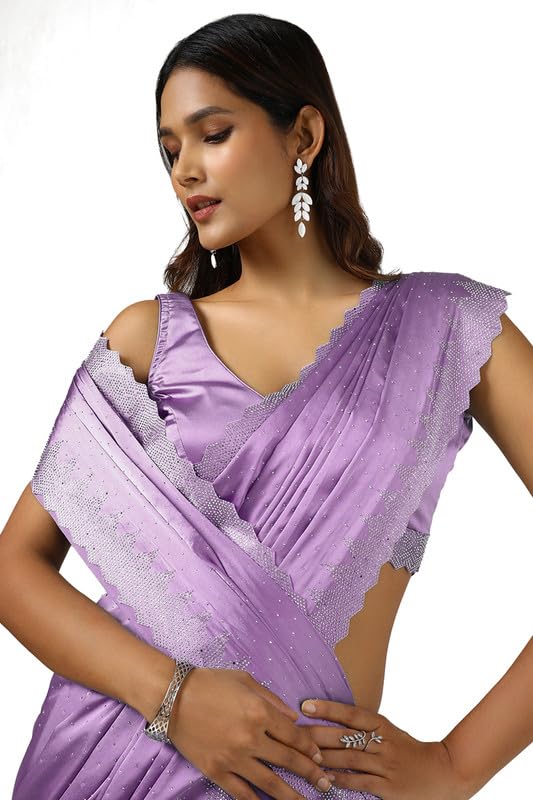 Soch Womens Lavender Satin Saree With Stone Work