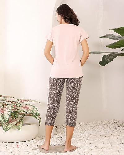 BODYCARE Women's Cotton Printed T-Shirt and Capri Set | Soft & Breathable Nightwear | Short Sleeves | Loungewear Co-Ord Set| BSCS16042_100 Multicolour