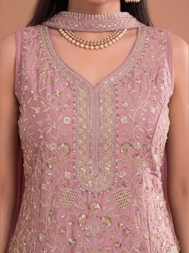 Varanga Women Pink A Line Kurta Palazzos Set V Neck Sleeveless Chinon