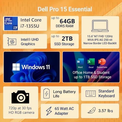 Dell Premium 15.6" Business Laptop, Intel Core i7-1355U, 32GB DDR5 1TB SSD